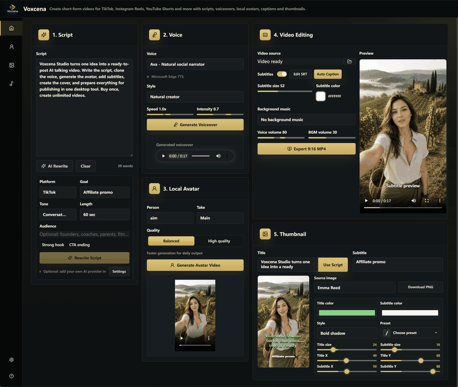Voxcena Studio product interface showing the full AI video workflow