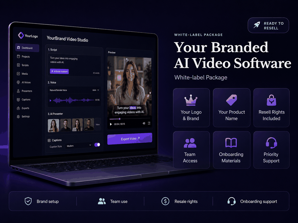 White-label AI video software package preview with branded product screen, customer offer, and delivery materials